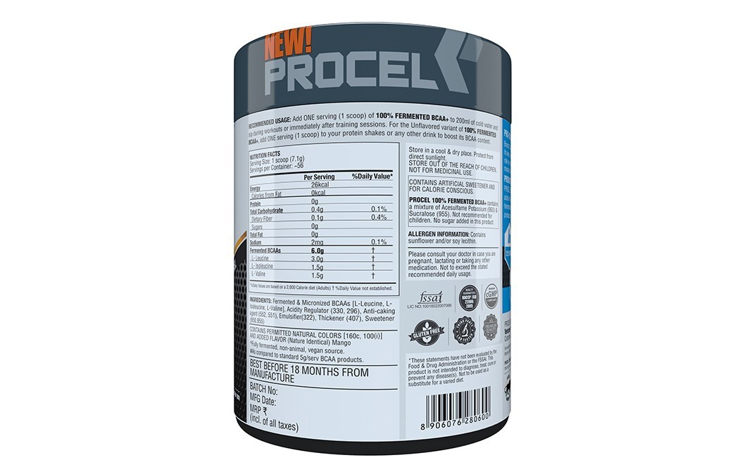 Procel 100% Fermented BCAA+ Tropical Mango Flavor   Plastic Jar  400 grams
